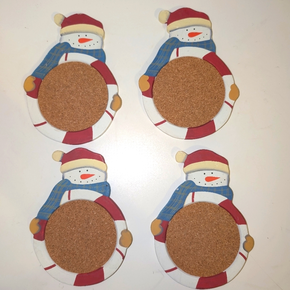 Snowman Holiday Set of Four Wood and Cork Coasters